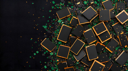 Poster - A close-up view of scattered electronic chips and circuit components on a dark background, showcasing intricate designs and vibrant colors