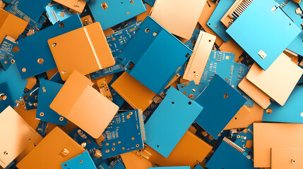 Aufkleber - A vibrant collection of blue and orange circuit boards arranged haphazardly, showcasing intricate electronic patterns and textures