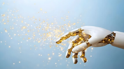 Poster - A robotic hand extends, releasing sparkling particles against a serene blue background, symbolizing technology and creativity