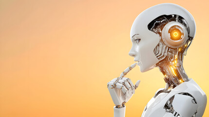 Poster - A futuristic robotic figure is thoughtfully pondering, showcasing intricate mechanical details against a warm, glowing background