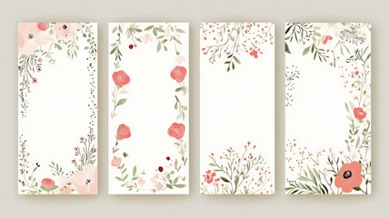 set of wedding cards with pastel color floral designs and decorative elements, flat vector illustrat