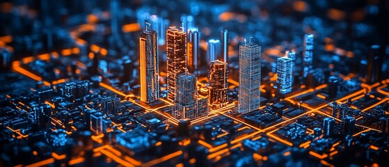 Poster - futuristic city circuit board, glowing network