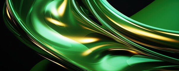 Poster - Abstract 3D Render of Fluid Green Shapes with Golden Accents and Smooth Curves, Ideal for Backgrounds and Modern Art Projects, green gradient glass background with smooth transitions of color