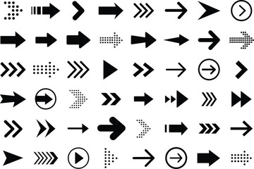 black arrow icon set in white background. collection of various arrow shapes and styles. vector arro