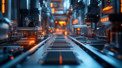 Poster - futuristic factory assembly line; automated production, glowing circuits