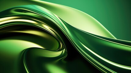 Poster - Abstract Green 3D Render of Flowing Metallic Waves with Smooth Textures and Glossy Surfaces for Visual Effects and Design Inspiration, green gradient glass background with smooth transitions of color