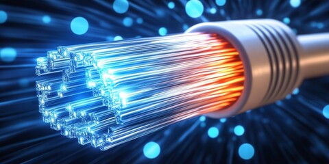 Poster - Close-Up View of Illuminated Fiber Optic Cable Transmitting Data Over a High-Speed Network