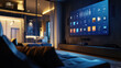 © mankong - modern living room with large smart TV displaying various apps and data, creating sleek and futuristic ambiance. room is dimly lit, enhancing screen vibrant display