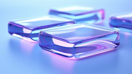 Poster - Abstract arrangement of three glass-like shapes with vibrant blue and pink reflections in soft lighting for modern design or artistic projects Transparent glass with gradient colors