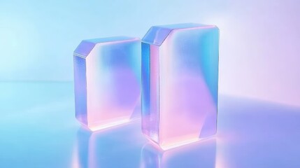 Poster - Beautifully Crafted Geometric Shapes with a Luminous Holographic Effect in Soft Pastel Colors on a Sleek Surface Transparent glass with gradient colors