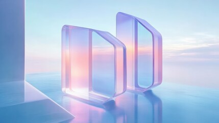 Poster - Ethereal Abstract Geometry with Soft Color Gradients in a Serene Background Highlighting Transparency and Light Reflections Transparent glass with gradient colors