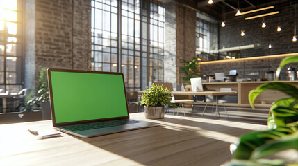Fototapete - 3d realistic render of laptop with green screen chroma key monitor in modern office cafe with warm lighting sunlight windows real atmosphere