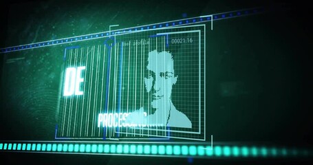 Poster - Face recognition animation with digital data elements and green grid overlay