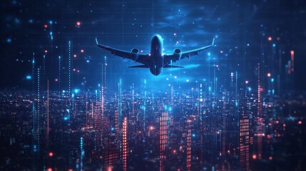 Poster - Plane flies above growing bar chart. Success in business, travel. Positive trend in financial market. Rapid progress, growth. Flight travel, expansion. Chart represents success, investment, full HD, 3