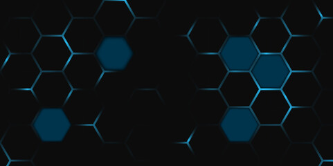 Dark Sci-Fi Hexagon Grid with Neon Blue Light. High-Tech Geometric Hexagonal Background – Cyberpunk Style. Vector. Hexagon. 