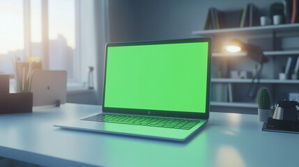 Fototapete - laptop with green screen chroma key monitor in a modern office cafe, 3d realistic render with soft white lighting real atmosphere