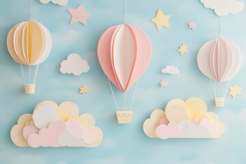 Poster - Charming paper art background featuring whimsical hot air balloons and pastel clouds in a dreamy setting Generative AI