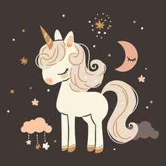 Wall Mural - Flat vector illustration in a simple children's style. Cute unicorn on dark background with stars and clouds, print for printing on children's products . Vector illustration