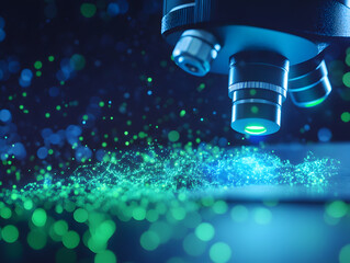 realistic photo of microscope focusing on cluster of glowing particles, showcasing vibrant green and blue colors. image captures intricate details of scientific exploration and discovery