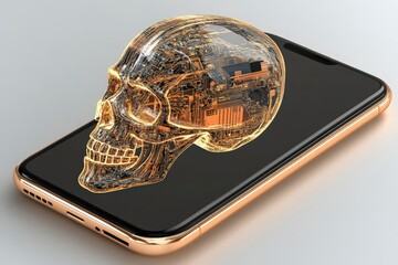Fototapete - Futuristic Skull Design Overlaid on Smartphone Screen with Abstract Technology Theme