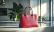 © Valentyna - Chic red leather handbag placed on a white modern countertop with minimalistic decor, soft lighting enhancing texture and luxury