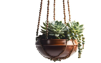Poster - A hanging pot with trailing string of pearls succulent, isolated on a empty plain background