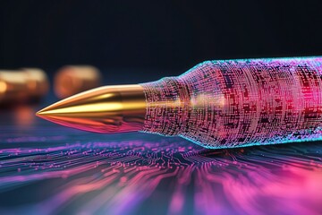 Poster - Futuristic Pen with Digital Circuitry and Vibrant Neon Glow on Dark Background