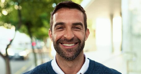 Poster - Business man, face and happy on road for commute, travel and outdoor with confidence in city. Professional person, smile and pride in portrait on urban sidewalk for career, job and excited in France