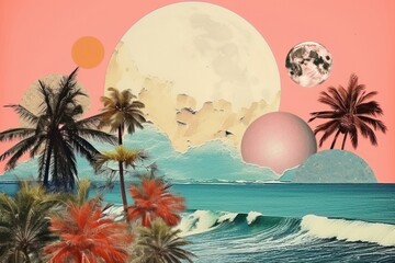 Wall Mural - collage retro dreamy of moon outdoors painting nature.