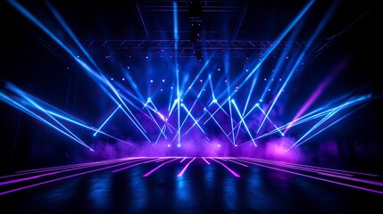 Poster - 3D render of glowing neon lines on a black background, an abstract futuristic geometric design with colorful light beams and glowing neon shapes. Digital illustration of a stage backdrop for a night