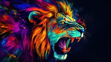  Colorful roaring lion head profile, vibrant mane, dark background.