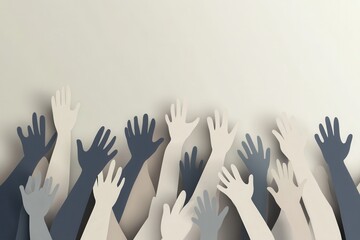 Aufkleber - Minimalistic flat design with silhouettes of people raising hands in unity on paper art background Generative AI