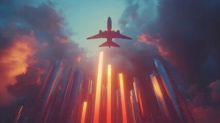 Poster - Plane flies above growing bar chart. Success in business, travel. Positive trend in financial market. Rapid progress, growth. Flight travel, expansion. Chart represents success, investment, full HD, 3