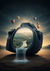 Poster - stunning landscape and river flowing from the lens of a huge camera . Generative AI