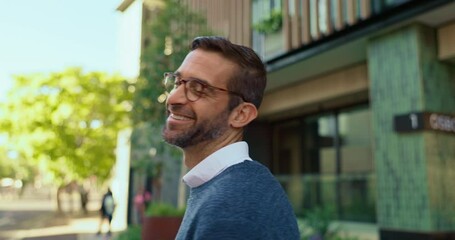 Poster - Businessman, face and walk with smile in city for commute, travel and confidence in road. Professional person, happy and glasses in portrait on urban sidewalk for career, job and excited in France