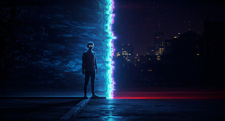 Poster - silhouette of a man in a glitch portal on a night street . Generative AI