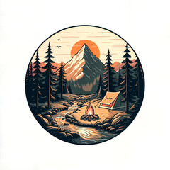 Poster - camping site with fire tent . Generative AI