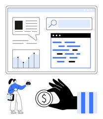 Poster - dashboard with analytics, charts, web elements hand holding coin, person managing tasks. ideal for f