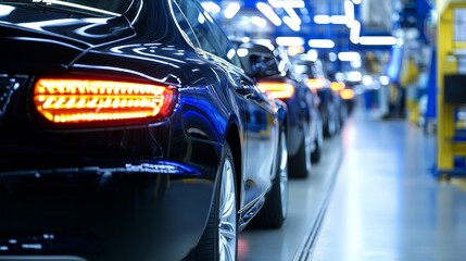Poster - Sleek black cars lined up in a modern manufacturing facility with bright blue lighting