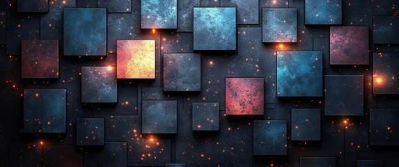Poster - A vibrant abstract background featuring a mix of illuminated geometric shapes in blue, purple, and gold tones. Copy space, commercial use