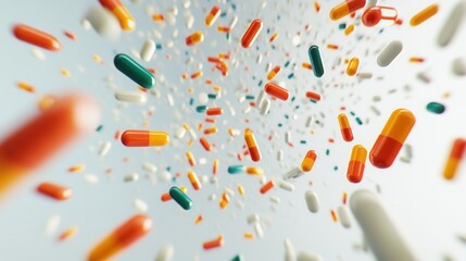 Fototapete - Colorful array of capsules scattered across a minimalist white background with realistic lighting Generative AI