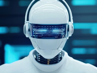 Poster - Futuristic AI Robot in a Modern Office Workspace with Advanced Technology Integration