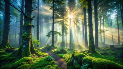 Wall Mural - Enchanted forest veiled in mystical mist, a foggy wonderland of nature's beauty.