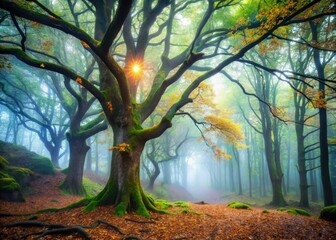 Wall Mural - Ethereal Ravelston Woods:  Scottish forest bathed in mist, bent trees softly blurred.