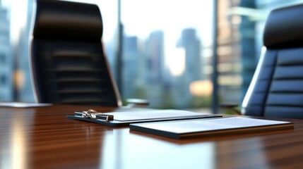 Poster - Modern conference room with polished wooden table, documents, and city skyline in background