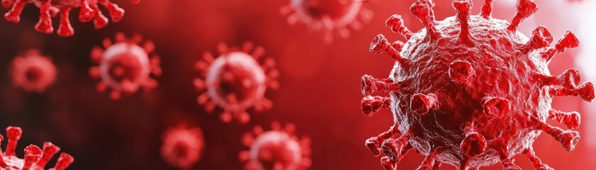 Poster - Floating Red Virus Particles Illustration Representing Pandemic Threat and Biological Hazard