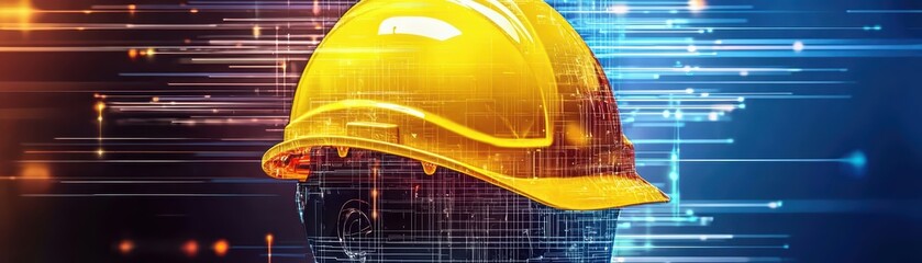 Poster - Innovative Digital Connectivity Background with Yellow Hard Hat and Tech Elements