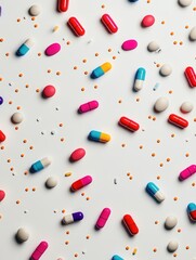Fototapete - Colorful array of medical capsules scattered on a minimalist background for creative thematic compositions Generative AI