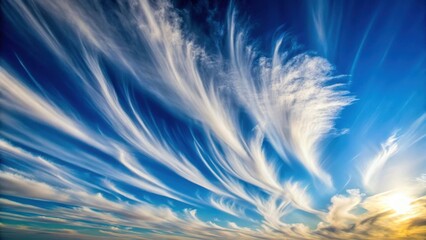 Wall Mural - serene sky wispy white clouds streaked across a vivid blue canvas at sunset