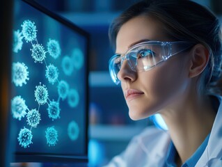 Poster - scientist analyzing virus samples on monitor in laboratory setting with focused expression